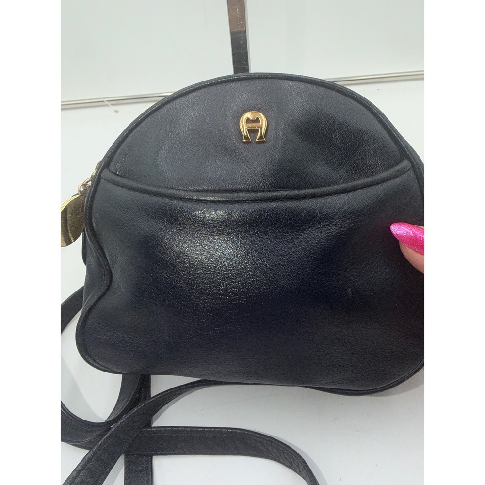 Etienne Aigner Navy Blue Leather Dome Crossbody Bag Gold Tone Logo